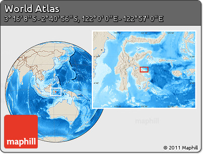 Shaded Relief Location Map of the Area around 2° 58' 32" S, 122° 28' 29" E