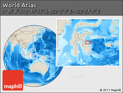 Shaded Relief Location Map of the Area around 2° 58' 32" S, 122° 28' 29" E