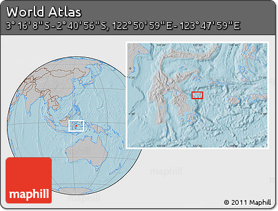 Gray Location Map of the Area around 2° 58' 32" S, 123° 19' 29" E, hill shading