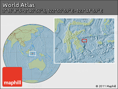 Savanna Style Location Map of the Area around 2° 58' 32" S, 123° 19' 29" E, hill shading