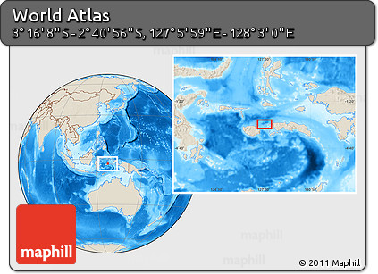 Shaded Relief Location Map of the Area around 2° 58' 32" S, 127° 34' 30" E