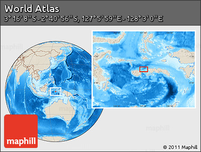 Shaded Relief Location Map of the Area around 2° 58' 32" S, 127° 34' 30" E