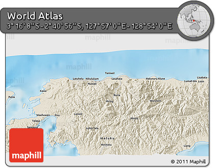 Shaded Relief 3D Map of the Area around 2° 58' 32" S, 128° 25' 30" E