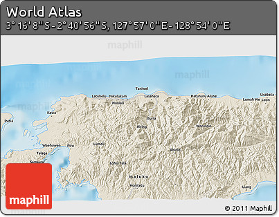 Shaded Relief 3D Map of the Area around 2° 58' 32" S, 128° 25' 30" E