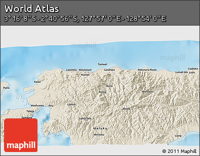 Shaded Relief 3D Map of the Area around 2° 58' 32" S, 128° 25' 30" E