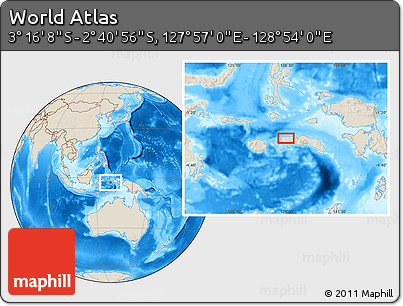 Shaded Relief Location Map of the Area around 2° 58' 32" S, 128° 25' 30" E