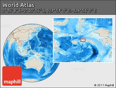 Shaded Relief Location Map of the Area around 2° 58' 32" S, 128° 25' 30" E