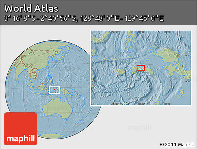Savanna Style Location Map of the Area around 2° 58' 32" S, 129° 16' 30" E, hill shading