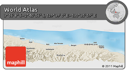 Shaded Relief Panoramic Map of the Area around 2° 58' 32" S, 130° 7' 30" E