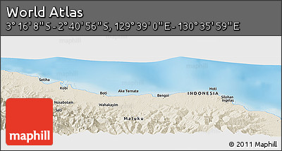 Shaded Relief Panoramic Map of the Area around 2° 58' 32" S, 130° 7' 30" E