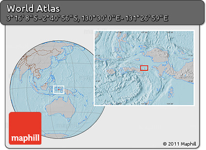 Gray Location Map of the Area around 2° 58' 32" S, 130° 58' 29" E, hill shading