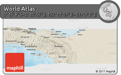 Shaded Relief Panoramic Map of the Area around 2° 58' 32" S, 132° 40' 30" E