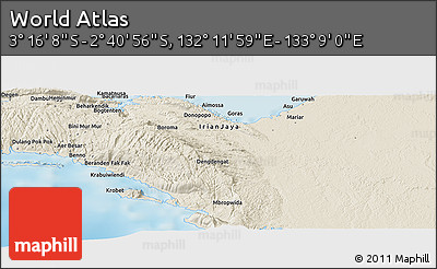 Shaded Relief Panoramic Map of the Area around 2° 58' 32" S, 132° 40' 30" E