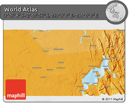 Political 3D Map of the Area around 2° 58' 32" S, 133° 31' 30" E