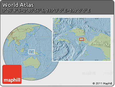 Savanna Style Location Map of the Area around 2° 58' 32" S, 133° 31' 30" E, hill shading