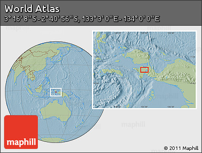 Savanna Style Location Map of the Area around 2° 58' 32" S, 133° 31' 30" E, hill shading