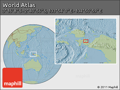 Savanna Style Location Map of the Area around 2° 58' 32" S, 134° 22' 30" E, hill shading