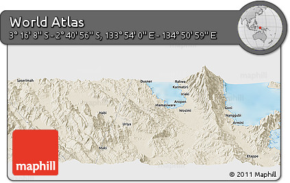 Shaded Relief Panoramic Map of the Area around 2° 58' 32" S, 134° 22' 30" E