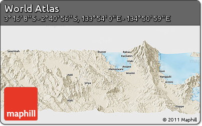 Shaded Relief Panoramic Map of the Area around 2° 58' 32" S, 134° 22' 30" E