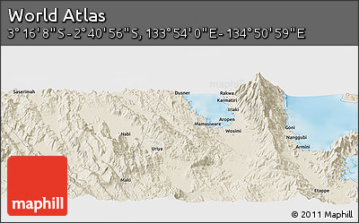 Shaded Relief Panoramic Map of the Area around 2° 58' 32" S, 134° 22' 30" E
