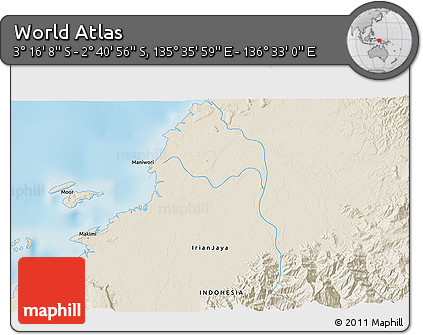 Shaded Relief 3D Map of the Area around 2° 58' 32" S, 136° 4' 29" E
