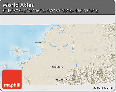 Shaded Relief 3D Map of the Area around 2° 58' 32" S, 136° 4' 29" E