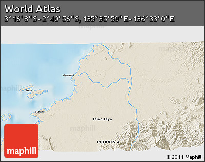 Shaded Relief 3D Map of the Area around 2° 58' 32" S, 136° 4' 29" E