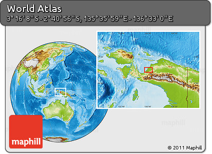 Physical Location Map of the Area around 2° 58' 32" S, 136° 4' 29" E