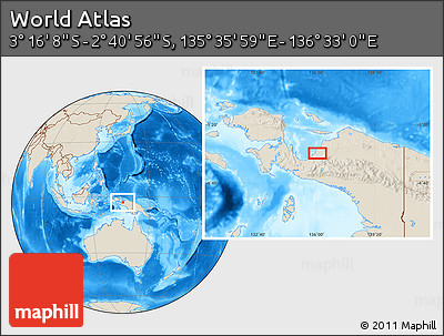 Shaded Relief Location Map of the Area around 2° 58' 32" S, 136° 4' 29" E