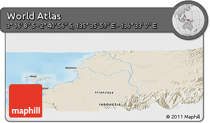 Shaded Relief Panoramic Map of the Area around 2° 58' 32" S, 136° 4' 29" E
