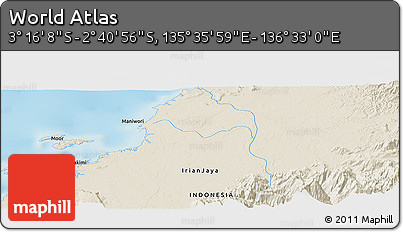 Shaded Relief Panoramic Map of the Area around 2° 58' 32" S, 136° 4' 29" E