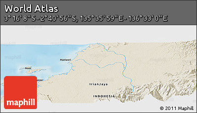Shaded Relief Panoramic Map of the Area around 2° 58' 32" S, 136° 4' 29" E