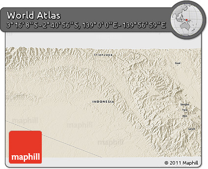 Shaded Relief 3D Map of the Area around 2° 58' 32" S, 139° 28' 29" E