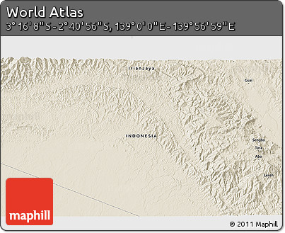 Shaded Relief 3D Map of the Area around 2° 58' 32" S, 139° 28' 29" E