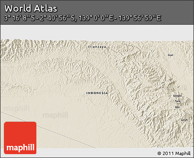 Shaded Relief 3D Map of the Area around 2° 58' 32" S, 139° 28' 29" E