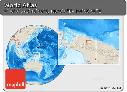 Shaded Relief Location Map of the Area around 2° 58' 32" S, 139° 28' 29" E