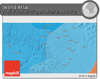 Political 3D Map of the Area around 2° 58' 32" S, 13° 40' 30" E