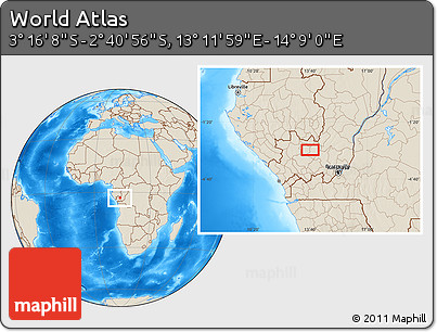 Shaded Relief Location Map of the Area around 2° 58' 32" S, 13° 40' 30" E