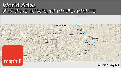 Shaded Relief Panoramic Map of the Area around 2° 58' 32" S, 13° 40' 30" E