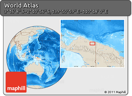 Shaded Relief Location Map of the Area around 2° 58' 32" S, 140° 19' 29" E