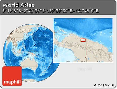 Shaded Relief Location Map of the Area around 2° 58' 32" S, 140° 19' 29" E