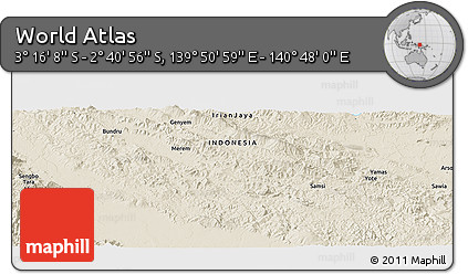 Shaded Relief Panoramic Map of the Area around 2° 58' 32" S, 140° 19' 29" E