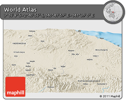 Shaded Relief 3D Map of the Area around 2° 58' 32" S, 141° 10' 30" E