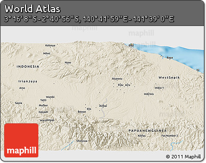 Shaded Relief 3D Map of the Area around 2° 58' 32" S, 141° 10' 30" E