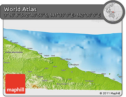 Physical 3D Map of the Area around 2° 58' 32" S, 142° 1' 30" E