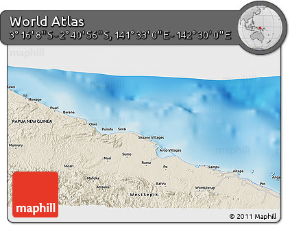 Shaded Relief 3D Map of the Area around 2° 58' 32" S, 142° 1' 30" E