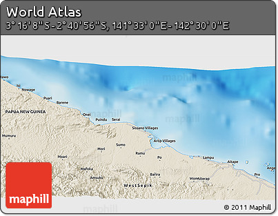 Shaded Relief 3D Map of the Area around 2° 58' 32" S, 142° 1' 30" E