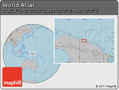 Gray Location Map of the Area around 2° 58' 32" S, 142° 1' 30" E, hill shading
