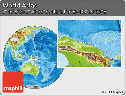 Physical Location Map of the Area around 2° 58' 32" S, 142° 52' 30" E