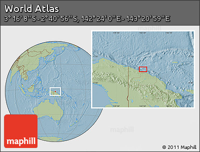 Savanna Style Location Map of the Area around 2° 58' 32" S, 142° 52' 30" E, hill shading